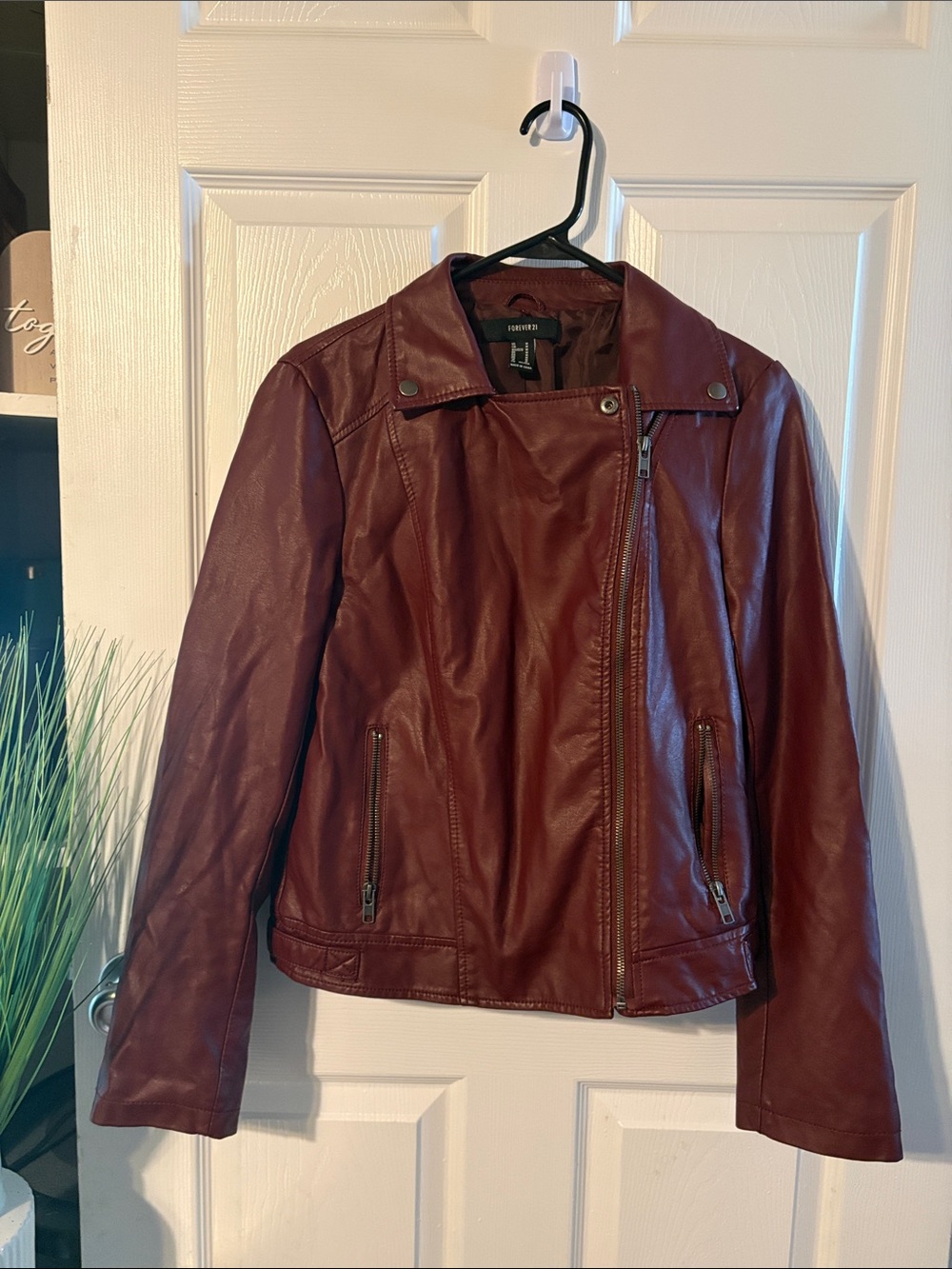 Forever 21 Women's Wine Faux Leather Moto Jacket